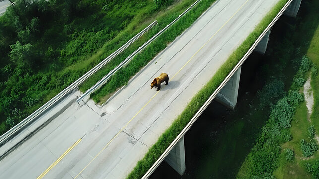Bridge Crossing A wild bear crossing a man-made wildlife overpass bridge over a highway