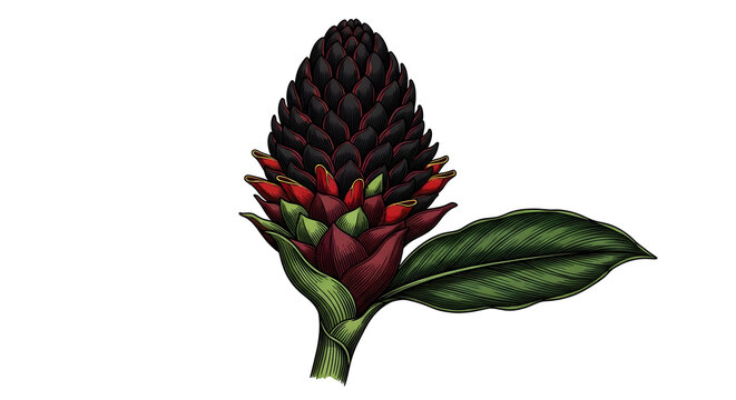 Exotic Tropical Torch Ginger Bloom with Lush Green Leaf Isolated on White Background