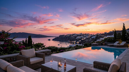 Obraz premium Mediterranean luxury villa pool with sunset sea view