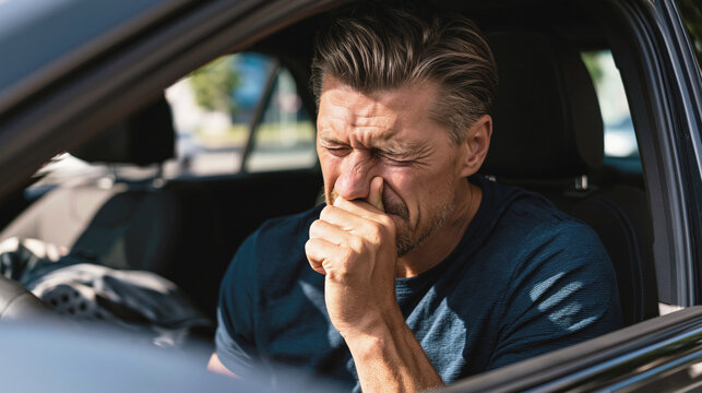 A man pinches his nose in disgust, trying not to inhale the unpleasant smell while sitting inside a car.