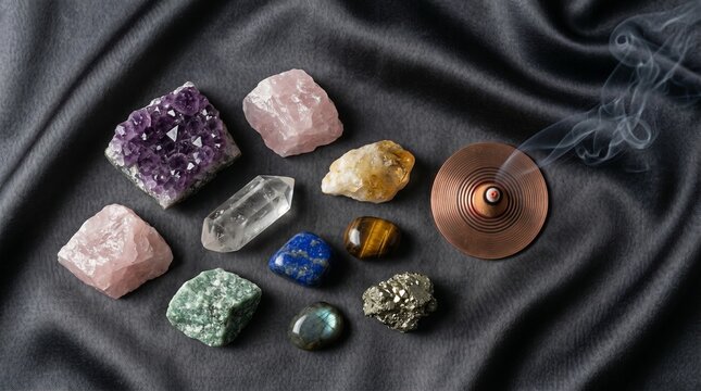 Gemstone Crystals And Incense Burner On Textured Black Fabric