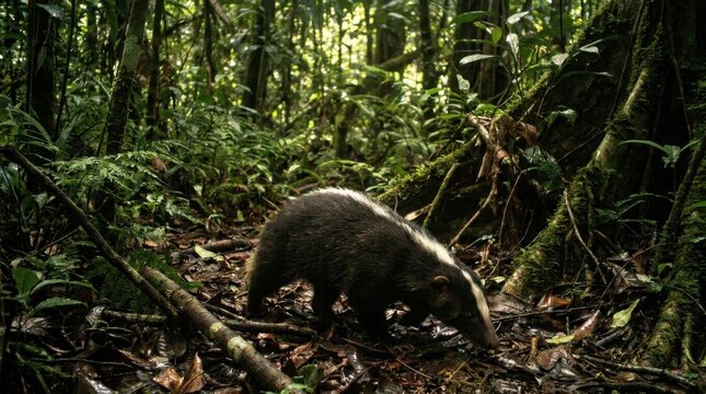 Sundaland Stink Badger Moving Through Damp Tropical Rainforest Floor in Southeast Asia