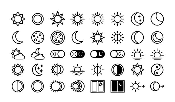 Modern sun and moon vector icon set with dark mode light mode and celestial outline symbols