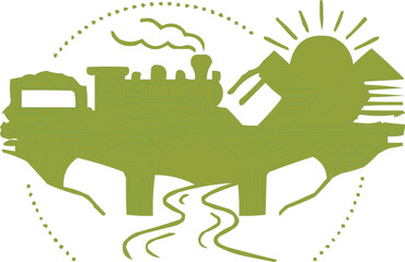 Steam locomotive travels through a rural landscape past a rising sun and flowing river in this stylized graphic design. © Sohagee