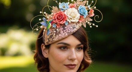 Fototapeta premium A young woman wears a stunning, ornate floral hat. She is posing for a portrait outdoors.