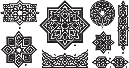 Set of intricate geometric islamic patterns with ornamental star shapes and traditional arabesque borders for elegant middle eastern design projects and motifs. © dkzone09 
