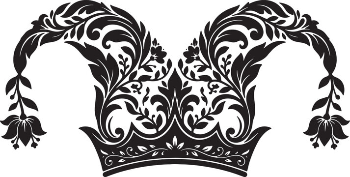 Elegant victorian floral crown ornament with vintage leafy scrolls and blooming flower motifs for luxury branding and classic royal decorative design elements.