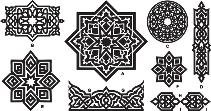 Set of intricate geometric islamic patterns with ornamental star shapes and traditional arabesque borders for elegant middle eastern design projects and motifs.