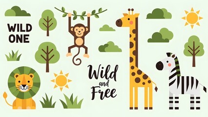 Obraz premium Cute jungle animals like lion, monkey, giraffe, and zebra, with trees and suns, perfect for children's decor and party themes