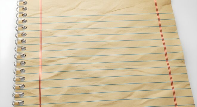 Closeup of a crumpled vintagestyle lined notebook page with spiral binding