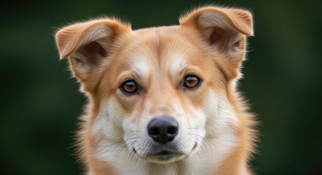 A reddish-brown dog with amber eyes looks directly at the camera. The dog has floppy ears and a gentle expression.