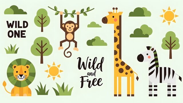 Cute jungle animals like lion, monkey, giraffe, and zebra, with trees and suns, perfect for children's decor and party themes