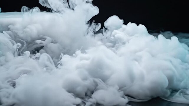 Thick white smoke or dry ice vapor flowing over a dark reflective surface, cinematic abstract background.