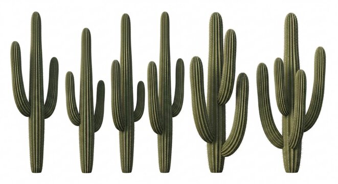 Tall saguaro cacti lined up in row isolated on white background.