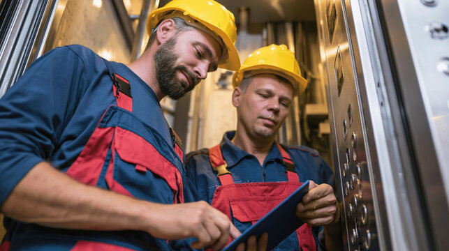 Two elevator technicians in hard hats inspect a control panel while reviewing a clipboard during maintenance work.