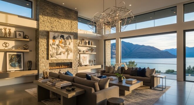 A luxurious living room features a large stone fireplace and expansive windows overlooking a stunning lake and mountain view.