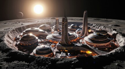 Fototapeta premium Futuristic moon city dome structures and tall towers glow in crater. Sun shines bright on lunar surface near Earth, showing space colony advancement.