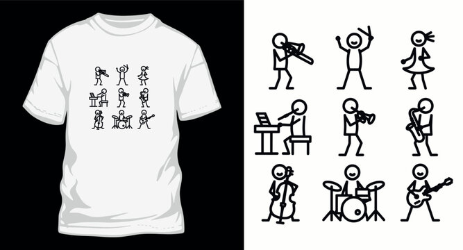 Band t shirt design stick figures playing instruments.