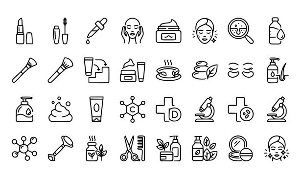 Editable cosmetic line icon collection with skincare beauty serum and salon treatment symbols