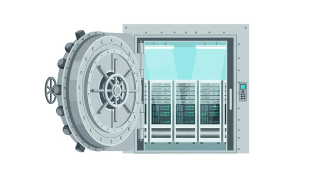 Open Bank Vault with Server Racks inside - Cybersecurity and Data Storage Concept