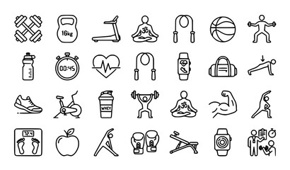 Fototapeta premium Fitness outline icon set with gym workout healthy lifestyle and body training editable vector symbols