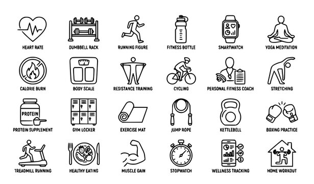 Modern fitness vector icon set with workout gym body care and healthy lifestyle outline symbols