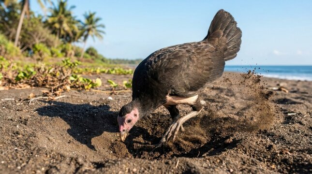 Endangered Maleo Bird Digging a Nesting Hole in Black Volcanic Sand on a Tropical Coastline in Sulawesi, Indonesia - Macrocephalon Maleo Wildlife Photography