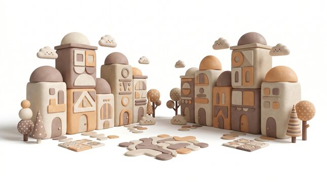 A serene landscape with puzzle pieces scattered around buildings and trees under cloudy skies.