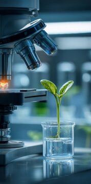 Microscope and plant in beaker, scientific research and biotechnology.