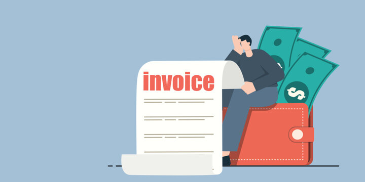 Stressed man sitting on a large wallet with a long invoice and money bills.