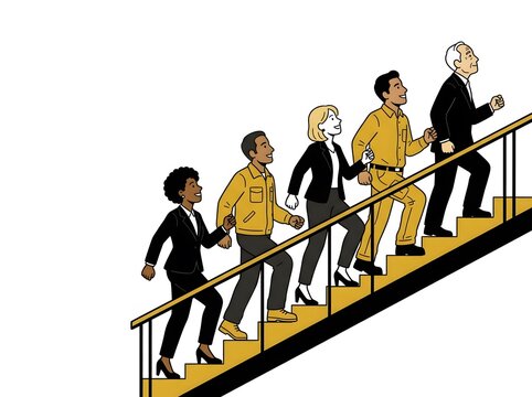 Diverse group of business people walking up stairs for career growth and success flat illustration