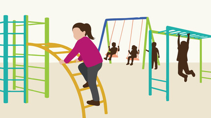Children playing actively on a colorful playground with swings and monkey bars © Graphica
