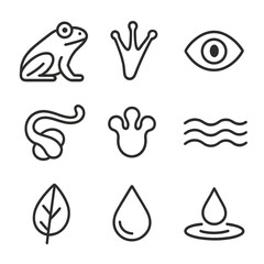 Fototapeta premium Minimalist nature icons: frog, wave, leaf, water drop, eye, spirals