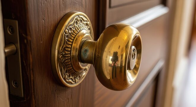 A close-up shot of a brass door knob with a decorative design on a wooden door. The door knob is shiny and reflects the surrounding light.