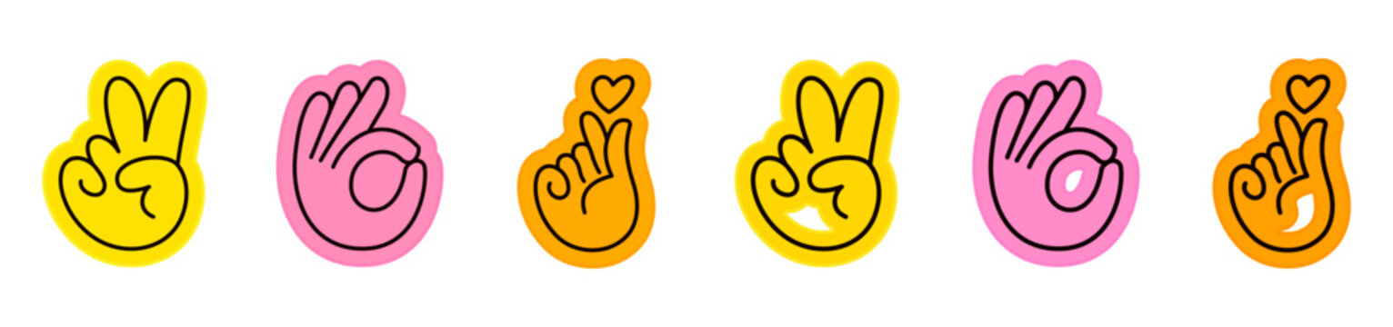 Hand drawn doodle style character hands and gestures sticker icon collection. Winner finger, peace badges, victory hand peace, v, hand ok, yes fingers, Korean heart hand gesture. Vector illustration