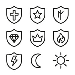 Obraz premium Minimalist icon set featuring shields with various symbols and designs