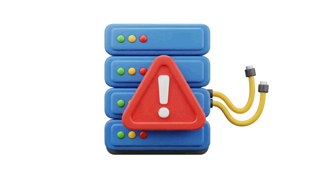 Vector illustration of 3d render of a server rack with a warning alert sign on a transparent background