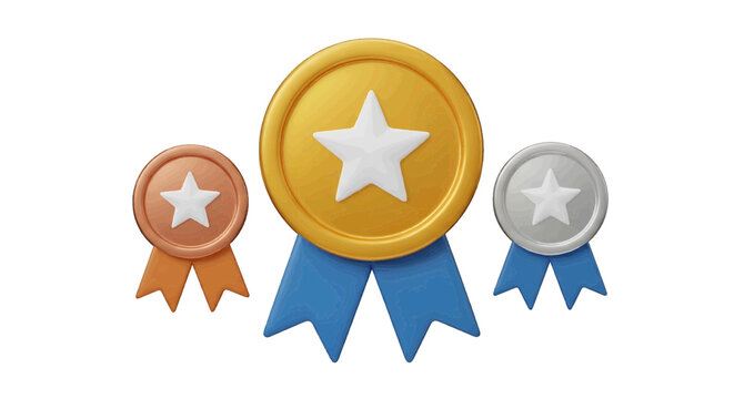 Vector illustration of 3d render of gold, silver, and bronze award medals with blue ribbons on a transparent background