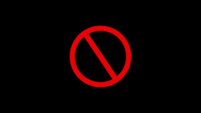 Red circle with line symbolizes prohibition restriction stop sign no entry caution warning icon. Motion graphics animation on a transparent background