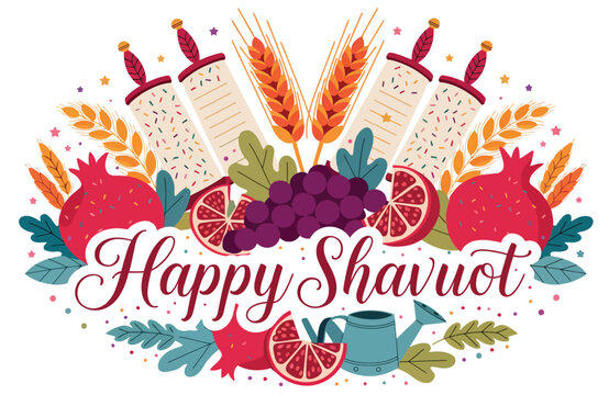 Happy Shavuot Holiday Illustration With Torah Scrolls, Wheat, Grapes, Pomegranates and Festive Lettering