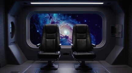 Fototapeta premium Two empty seats face a stunning galaxy view from spaceship interior. Futuristic cabin ready for space travel and exploration. Cosmic scene outside the window.