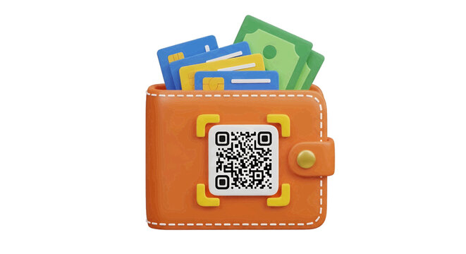 Vector illustration of 3d orange wallet with credit cards, cash and qr code on a transparent background