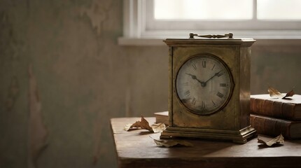 Naklejka premium Vintage Clock on Wooden Table Symbolizing Time, Nostalgia, Memory, and Passing Years