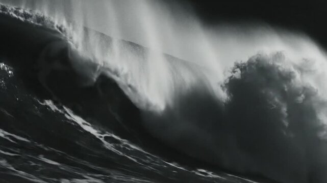 Epic monochrome ocean wave breaking dramatically, with powerful water motion and dynamic textures in a dark setting