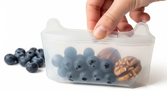 Hand sealing a transparent reusable silicone food bag filled with fresh blueberries and walnuts