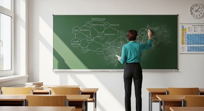 A female teacher is writing on a green chalkboard in a classroom. She is illustrating the process of photosynthesis with a diagram.