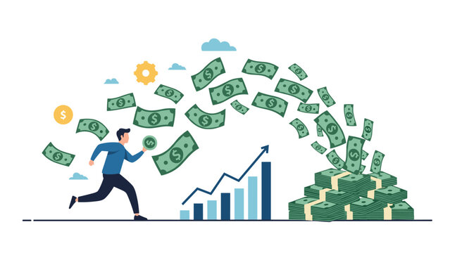 Wealthy businessman runs as money bills flow from large stack in conceptual illustration of high income and cash flow.