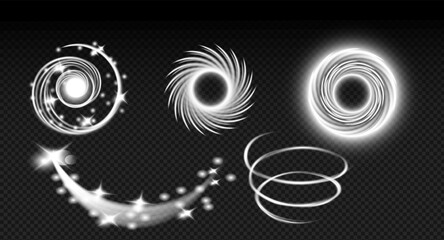 Collection of glowing white spiral vortex effects with swirling rings, comet trails and luminous abstract light elements isolated on transparent background. Futuristic sparkle overlays for design, vis © Artem Kabushka