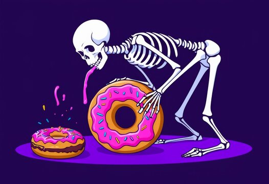 Pop art style skeleton and donuts representing obsession with sweets