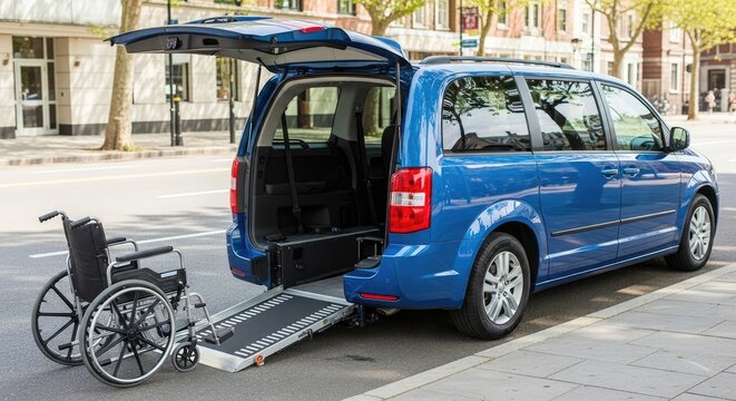 A blue Dodge Grand Caravan minivan is parked on a city street. The van&rsquo;s liftgate is open, revealing a wheelchair lift mechanism.